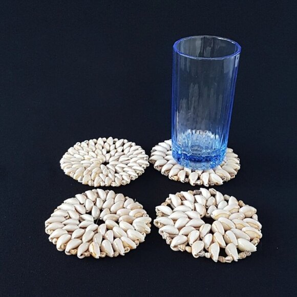 4pcCowrie Seashell Coasters Set Beach House Tropical - Picture 5 of 9